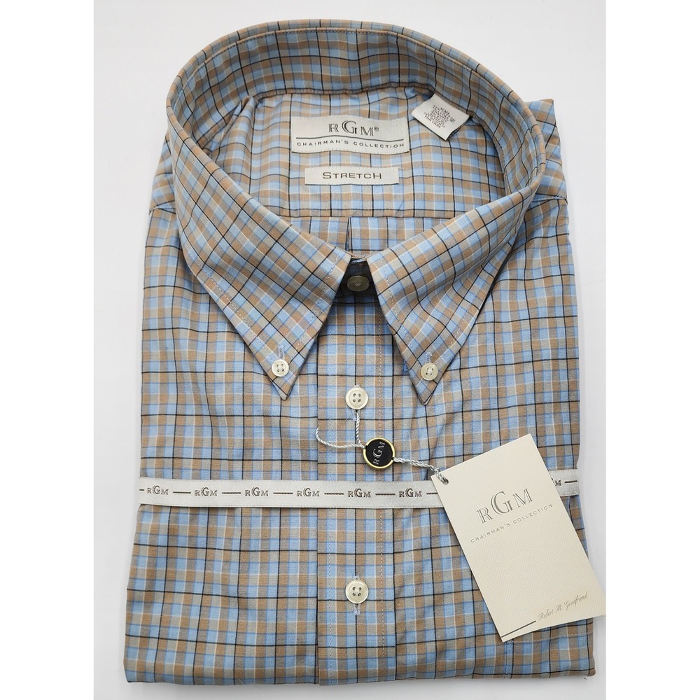 RGM Button Down Shirt Mens XXL Blue Tan NWT Chairman's Collection Stretch Plaid